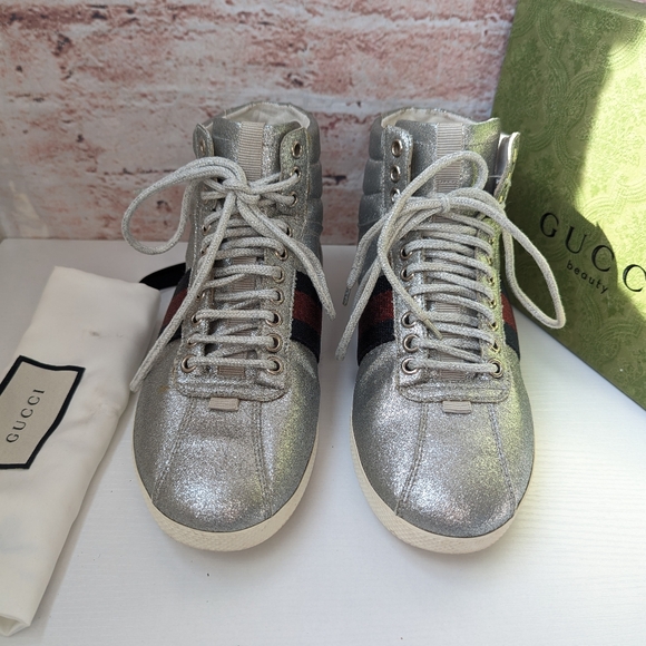 Gucci Metalic Glitter Web High-Top Sneakers - Picture 4 of 17